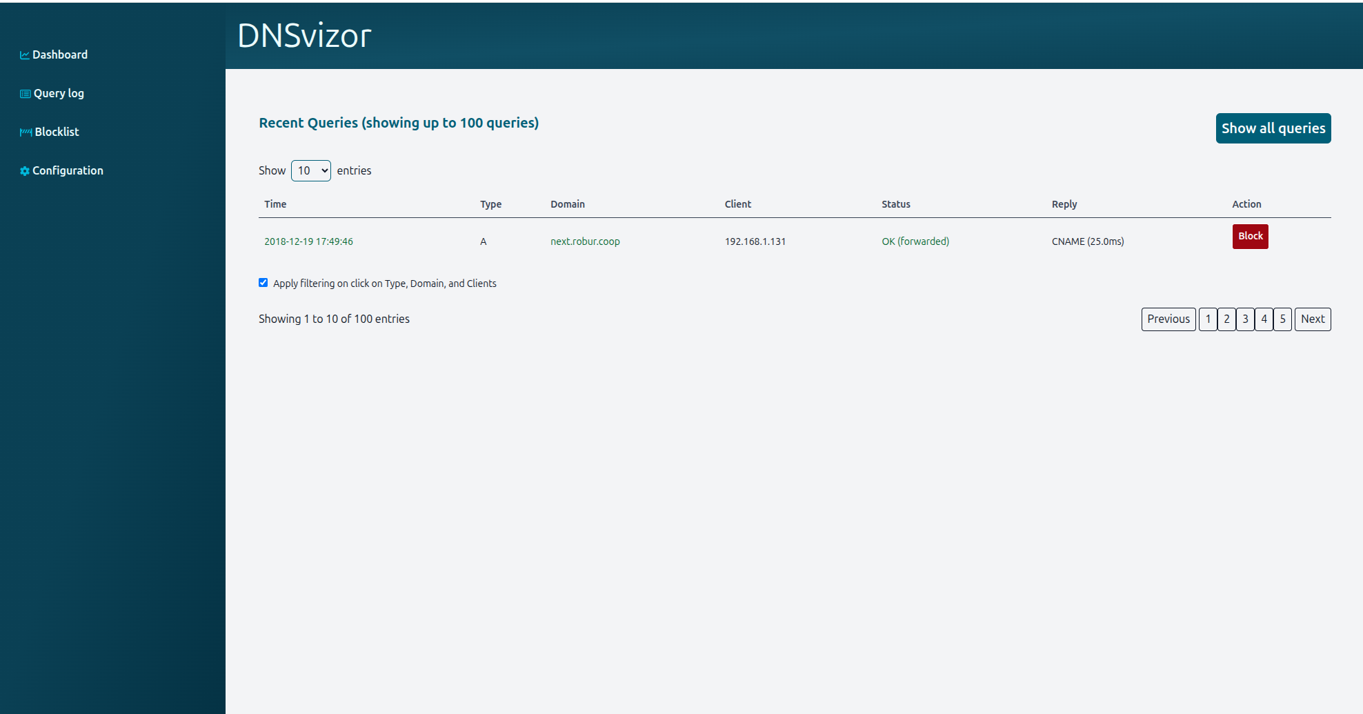 Dnsvizor query log web interface