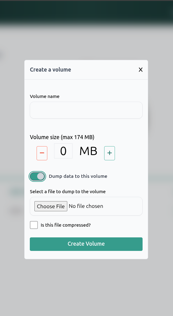 Form for creating a new volume