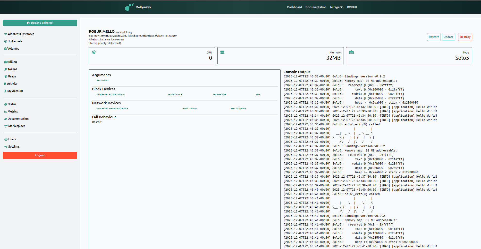Hello world unikernel