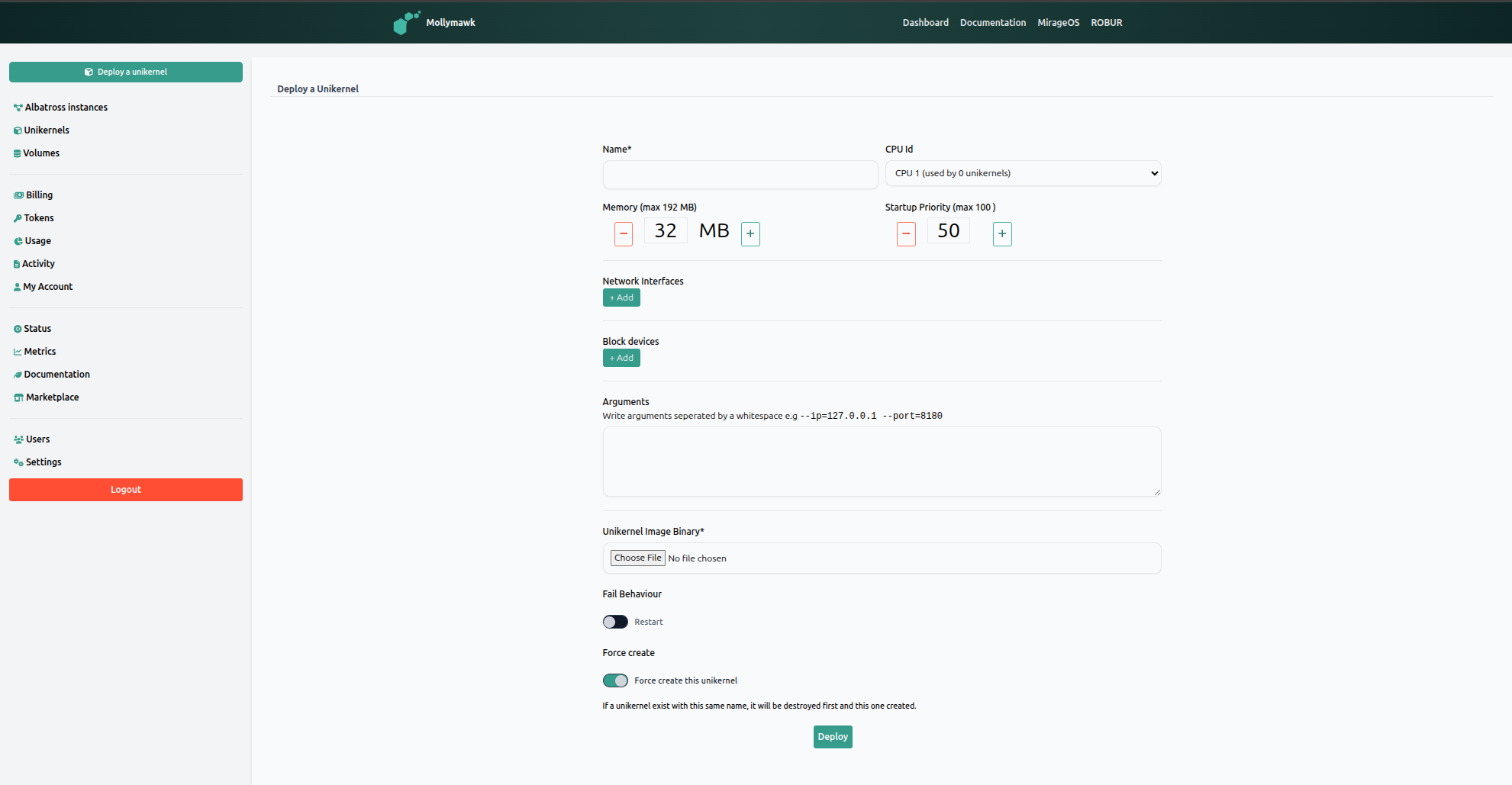 Unikernel deployment page