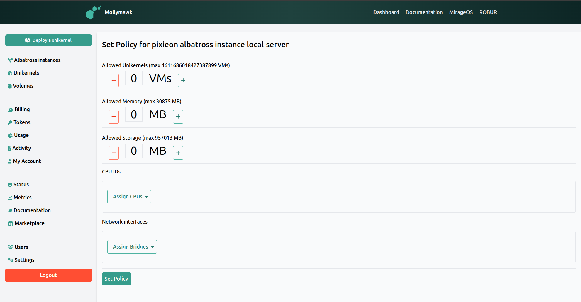 Albatross policy form for user