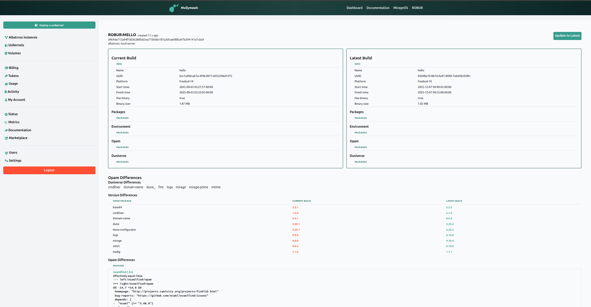Updating a unikernel, comparison view